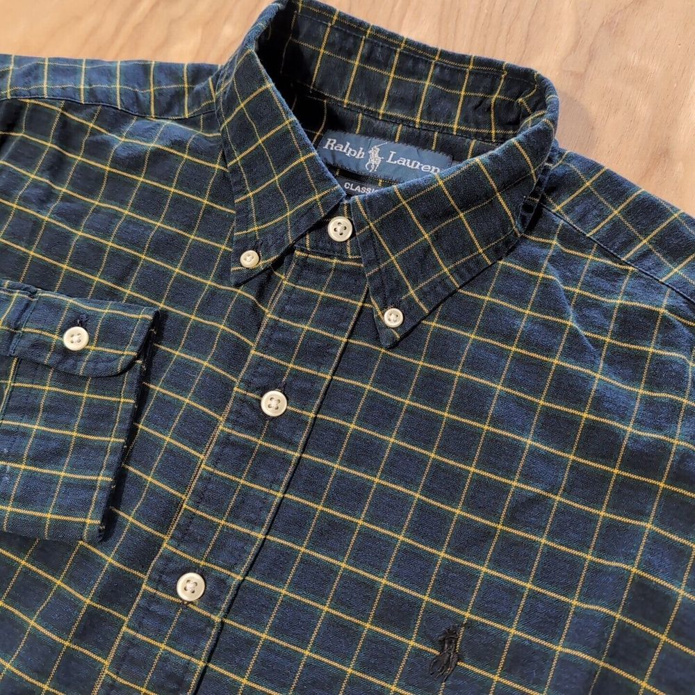 Ralph Lauren L/S Men's M Green Navy Blue Button Down Window Pane Plaid Pattern